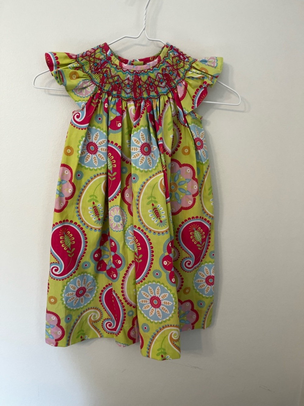 Girls' Green and Pink Paisley Smocked Dress